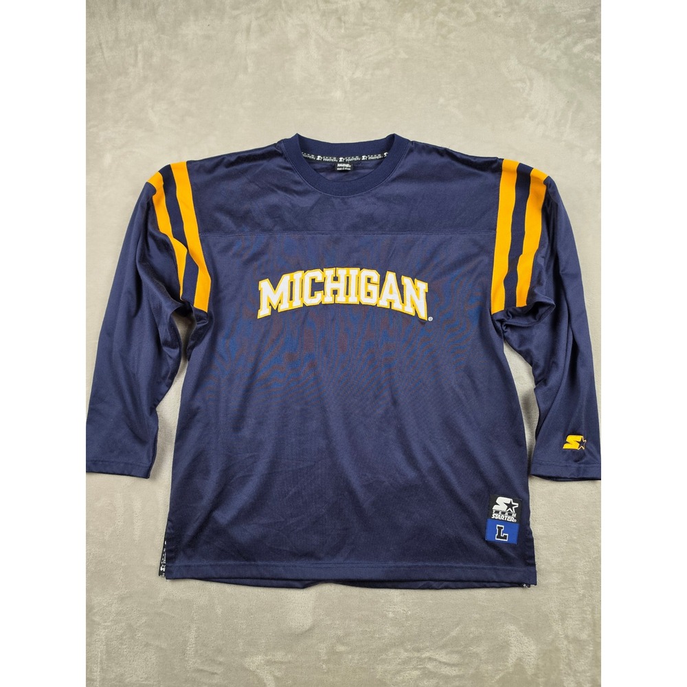 Vintage Starter Michigan Wolverines Jersey Shirt Mens L Blue Long Sleeve Striped